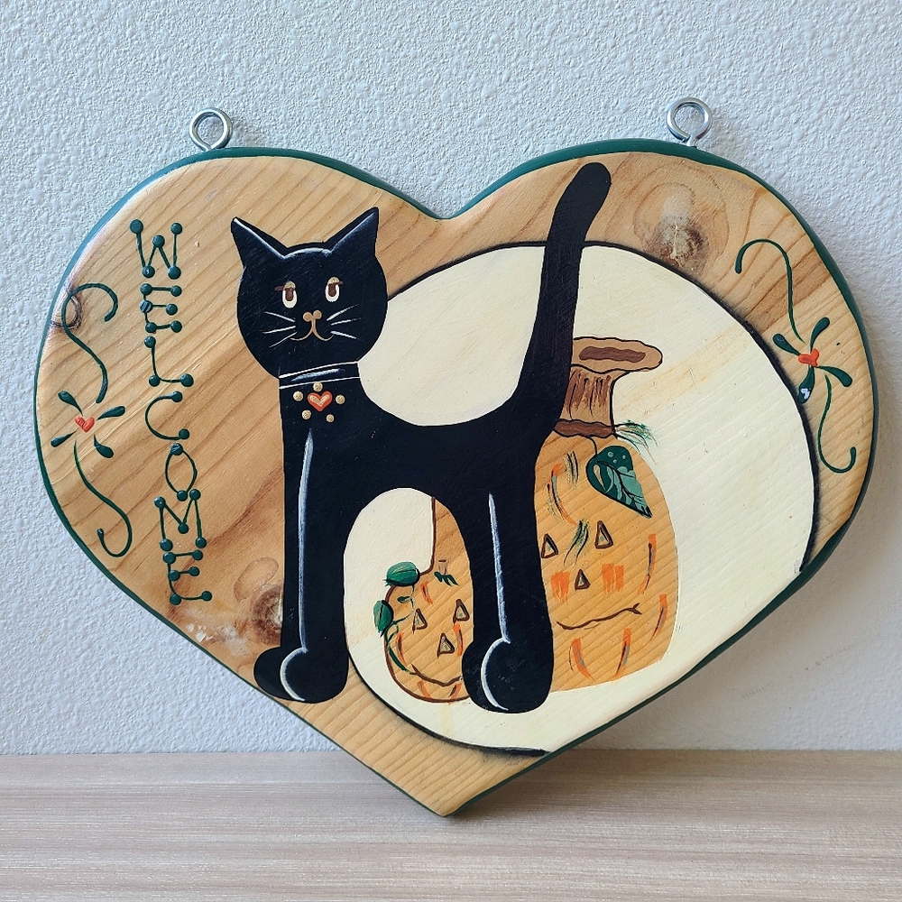 Halloween Black Cat Pumpkin Folk Art Hand Painted Hanging Welcome Sign Wood Vtg